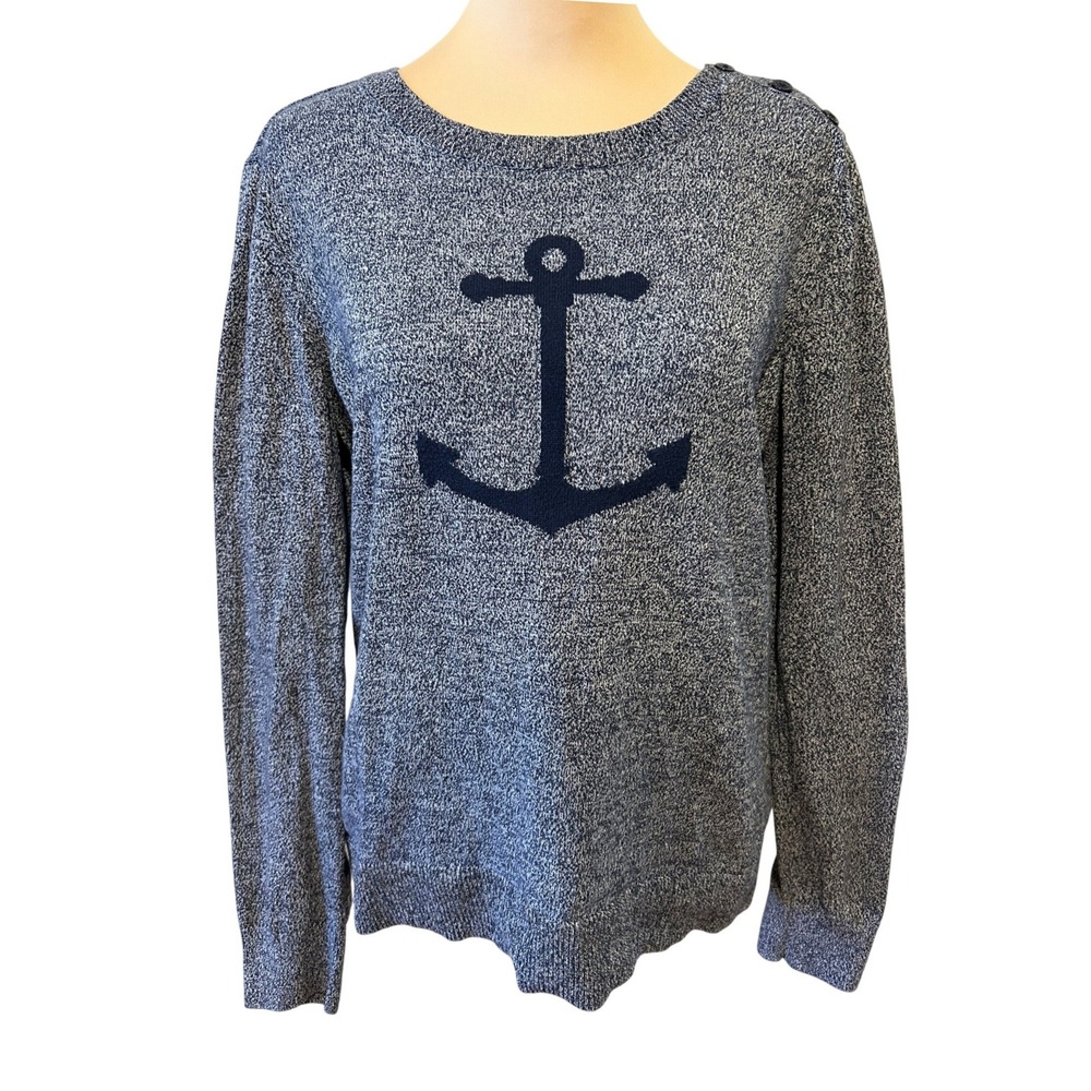Womens Sweater Sz M Blue Marled Anchor Button Shoulder Cotton Coastal Preppy